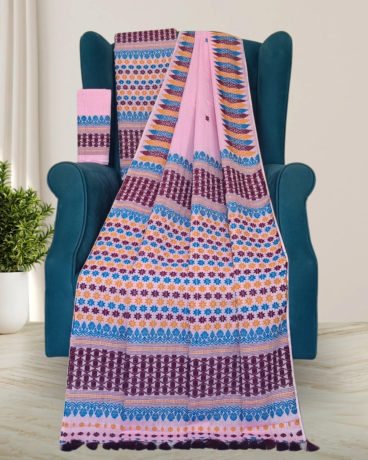 Pink padmini cotton mekhela sador with designer motifs