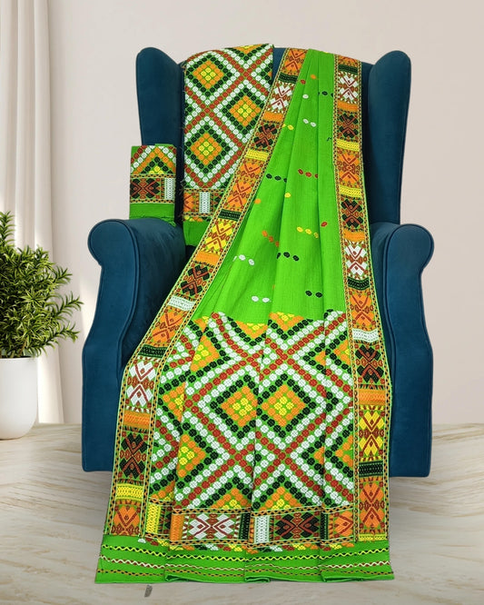 Parrot green padmini coton Mising mekhela sador- DMC motif work