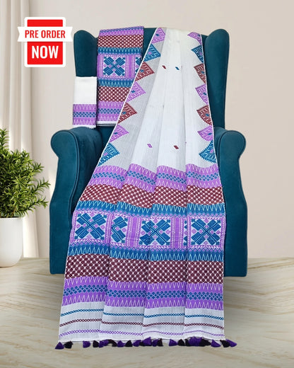 White semi nuni mekhela sador with designer motifs
