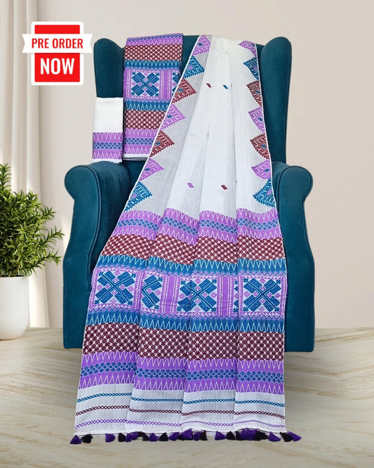 White semi nuni mekhela sador with designer motifs