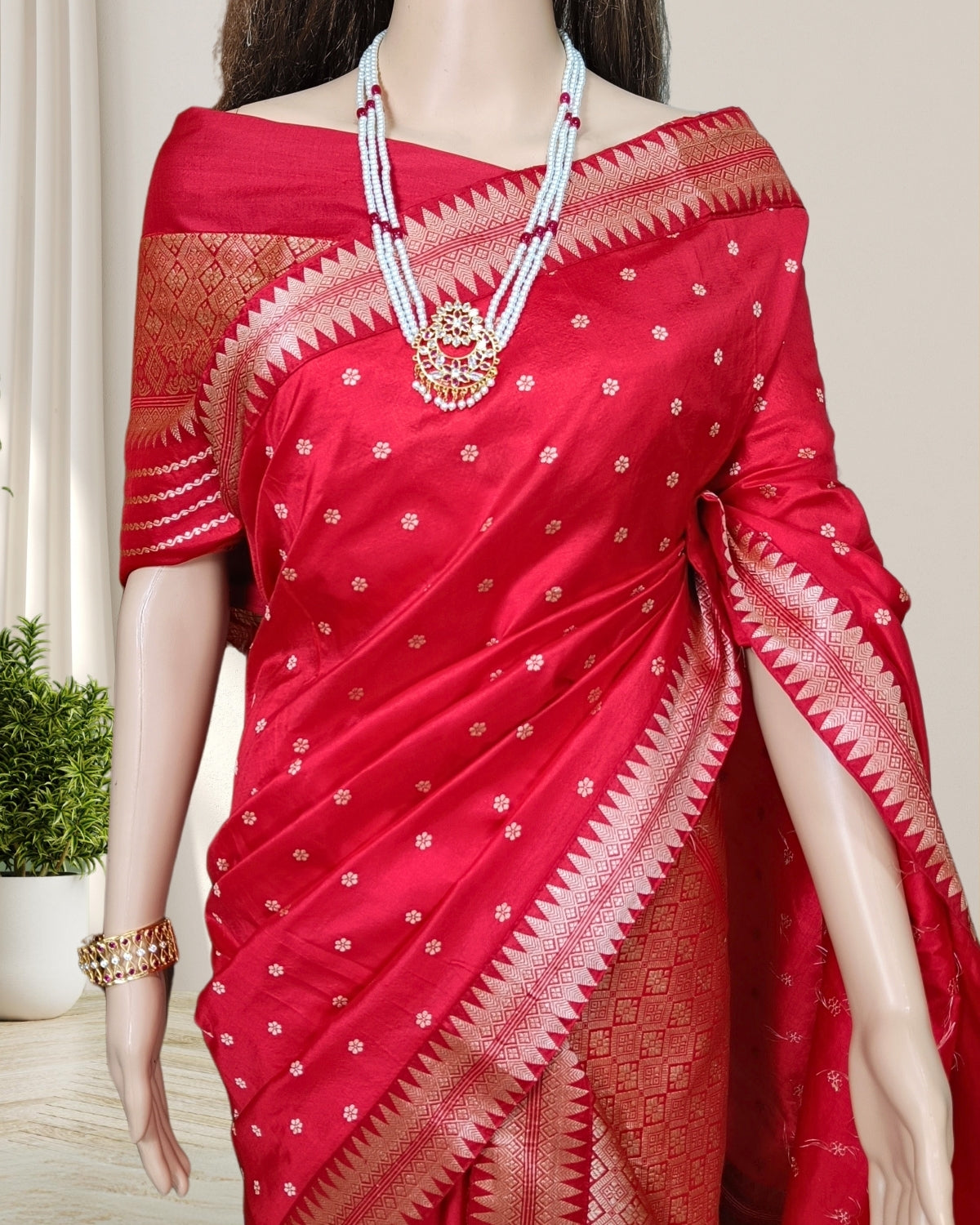Red mulberry silk Bridal mekhela sador with tussar motifs