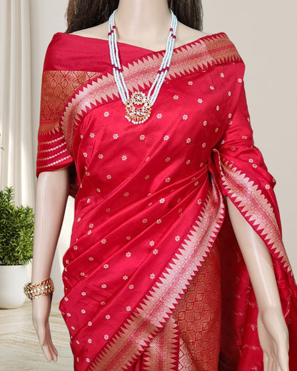 Red mulberry silk Bridal mekhela chadar with tussar motifs