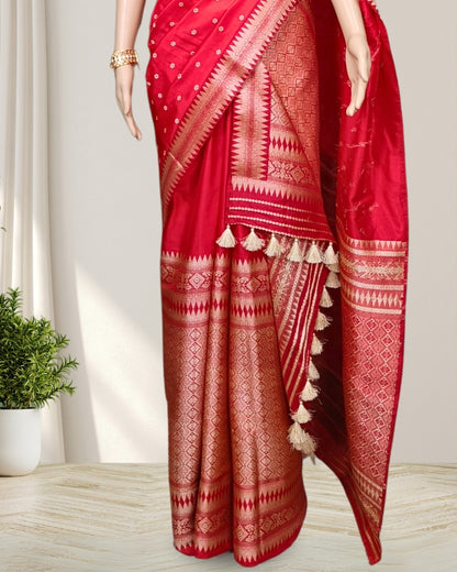 Red mulberry silk Bridal mekhela chadar with tussar motifs