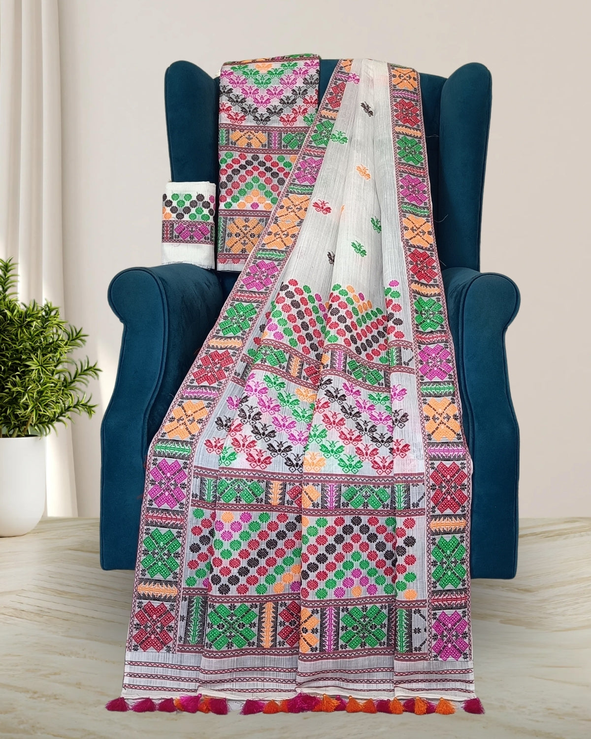 Butterfly design semi nuni Mising mekhela sador - DMC motif work