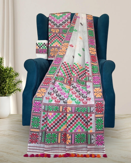 Butterfly design semi nuni Mising mekhela sador - DMC motif work