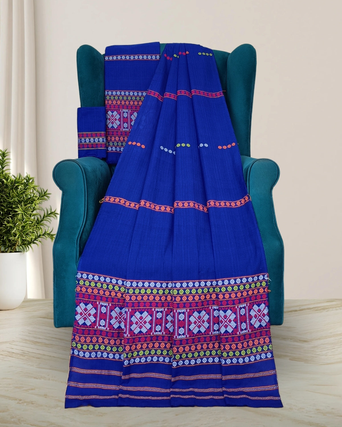 Gaseng design Mising mekhela sador -Royal blue
