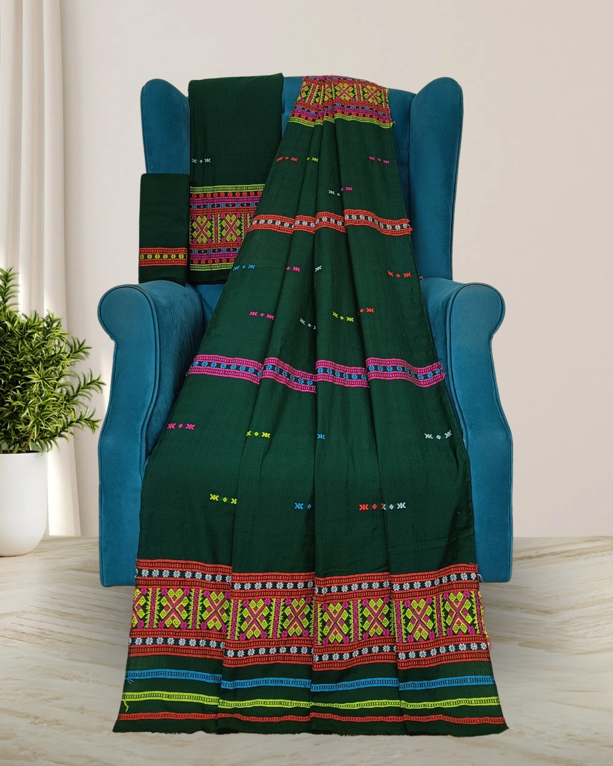 Gero design Mising mekhela sador -Bottle green