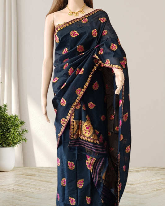 Black Pure Mulberry silk mekhela chadar