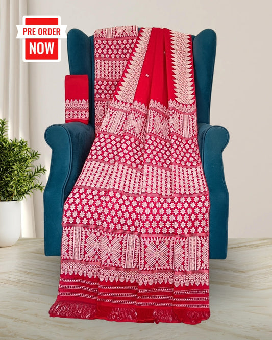 Red semi nuni mekhela sador with designer motifs