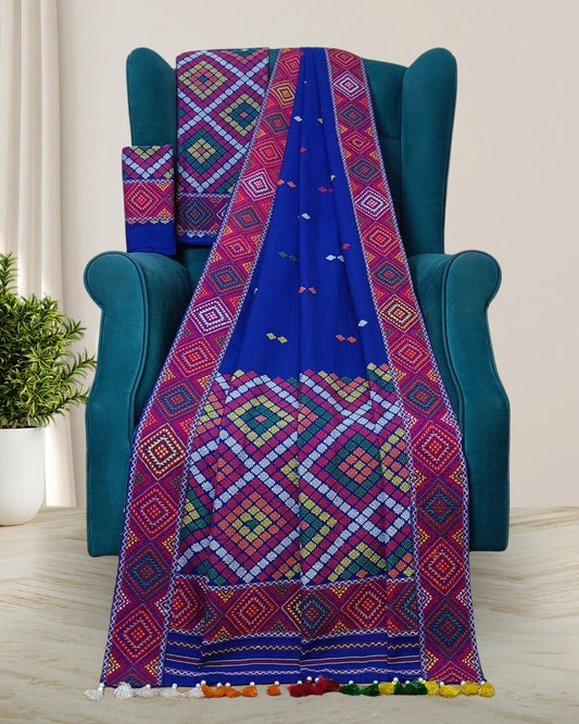 Royal blue padmini cotton Mising mekhela sador- DMC motifs