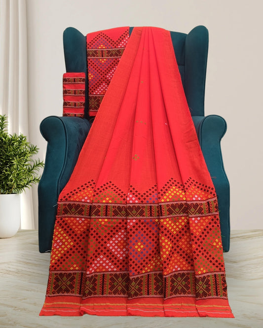 Orange red padmini cotton Mising mekhela sador