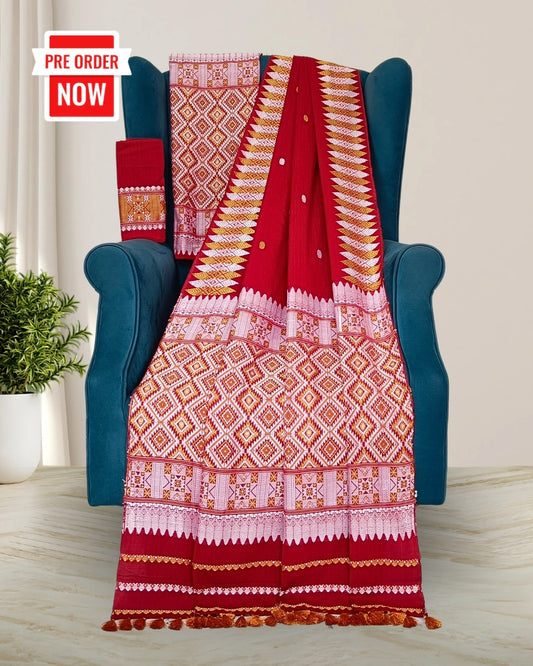 Red padmini cotton mekhela sador with designer motifs