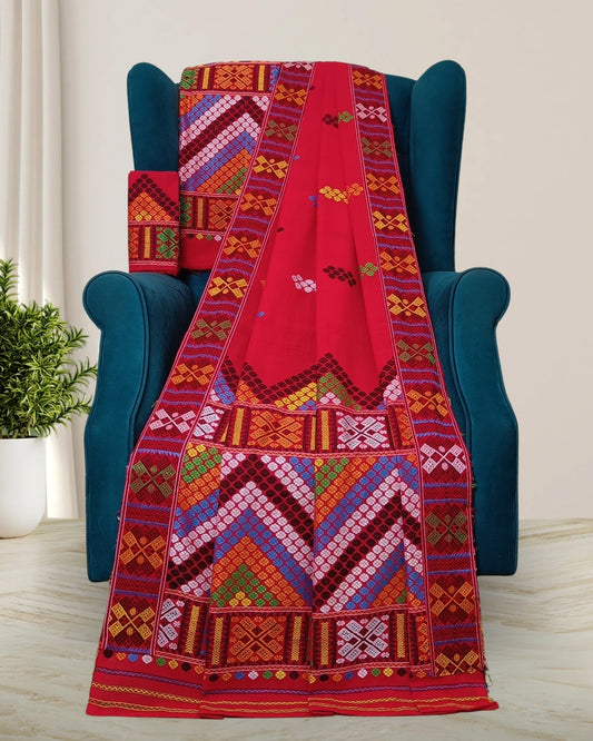 Red padmini cotton Mising mekhela sador -DMC motifs