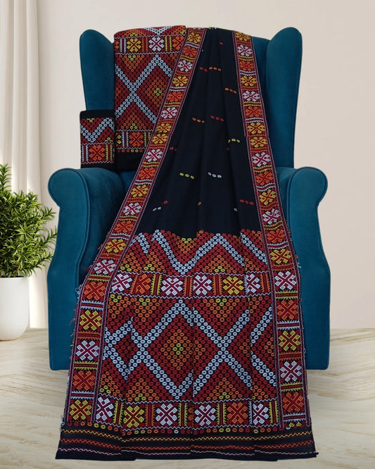 Black padmini cotton Mising mekhela sador - DMC motifs 