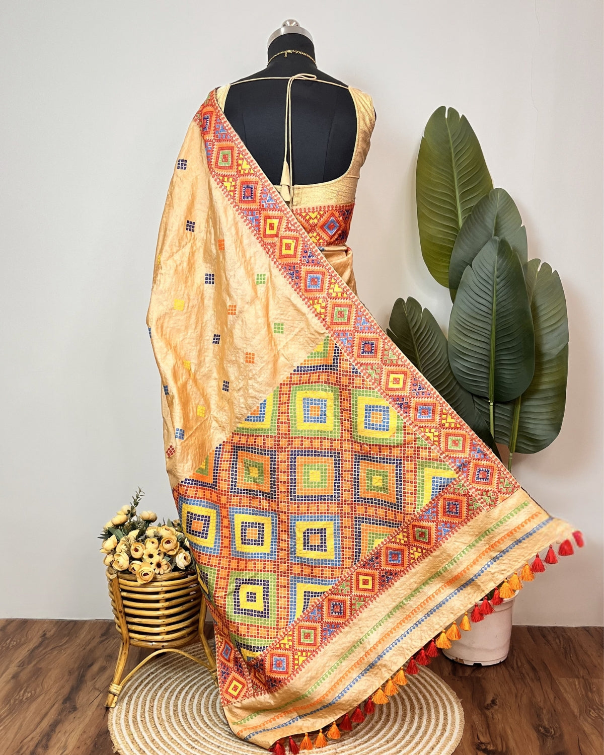 Pure Mising Tussar silk mekhela sador- DMC motifs
