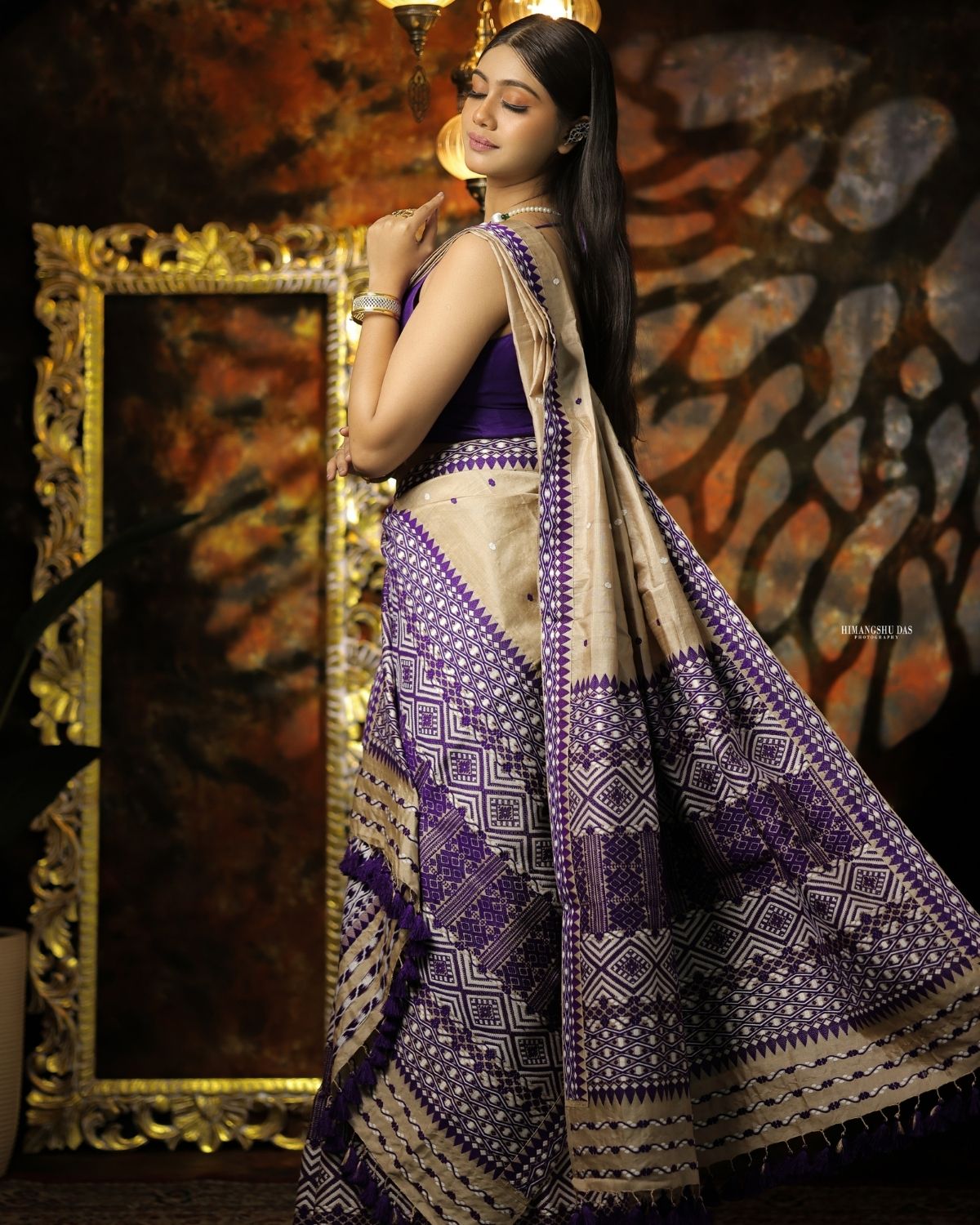 Tussar silk mekhela sador with purple designer motifs