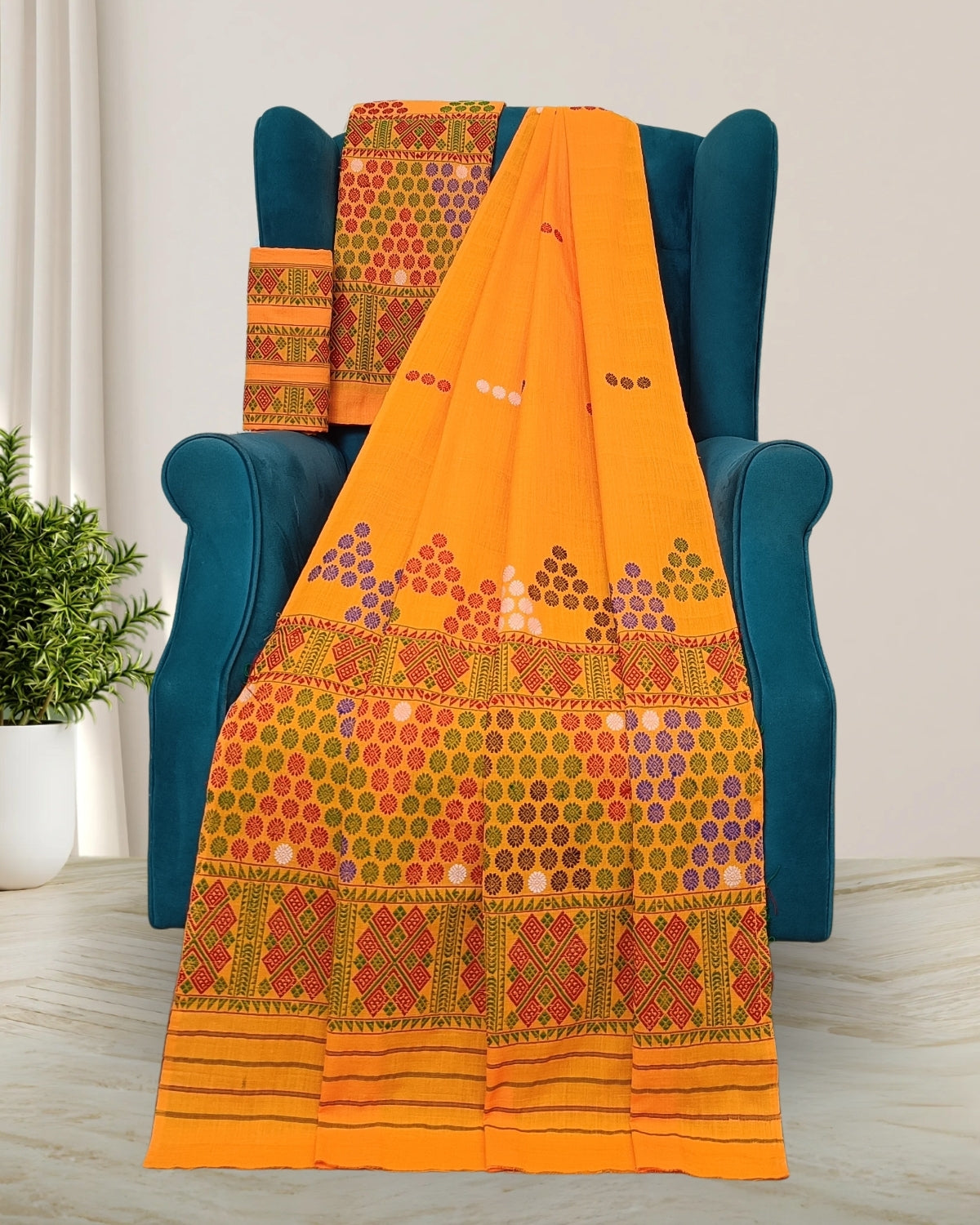 Orange padmini cotton Mising mekhela sador