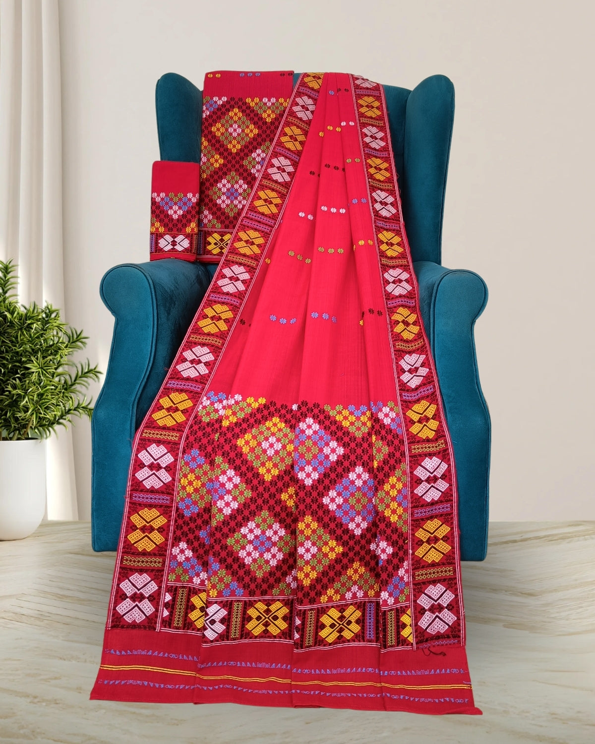 Red padmini cotton Mising mekhela sador - DMC motifs
