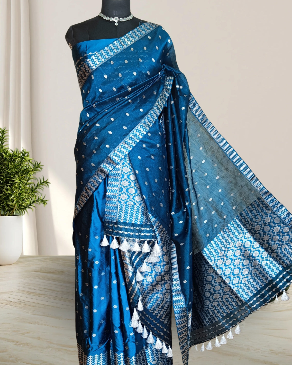 Raw mulberry silk mekhela sador - Sapphire blue