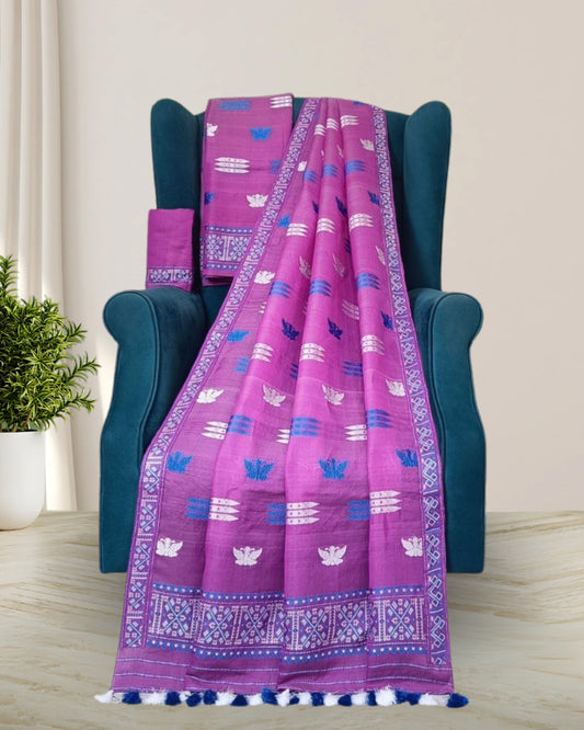 Butterfly design semi nuni mekhela sador -Pink