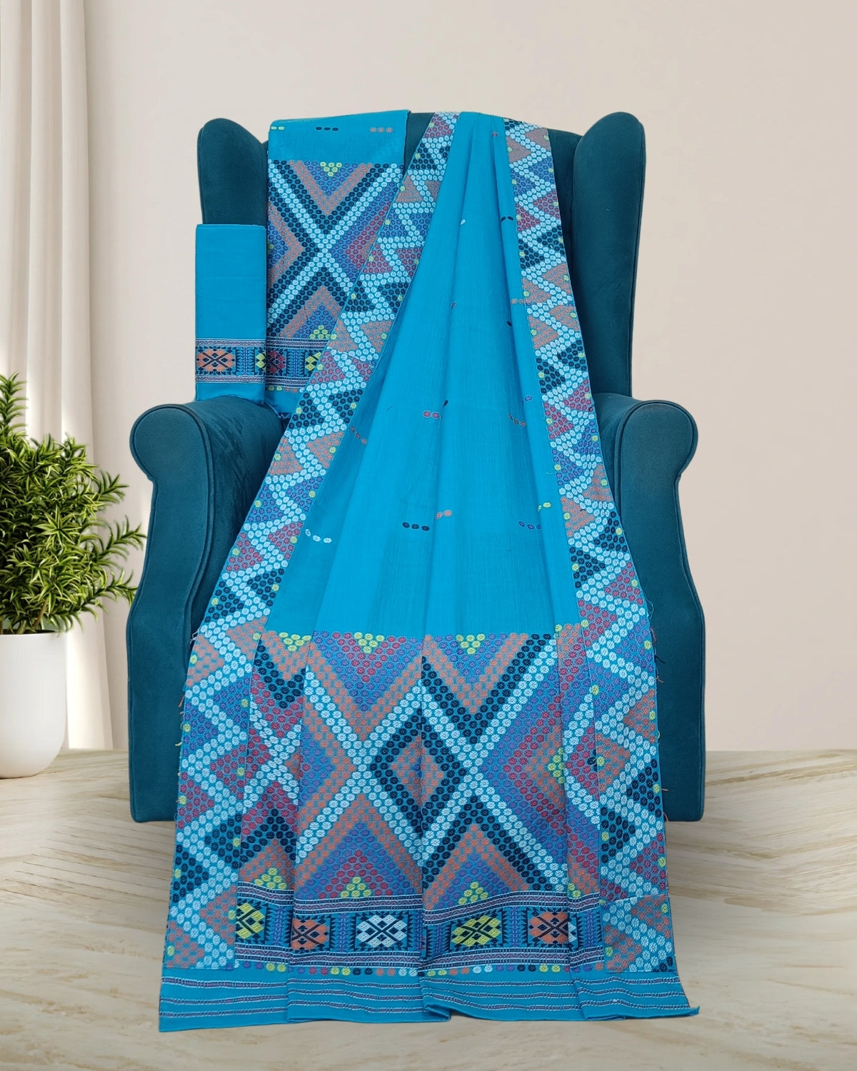Sky blue padmini cotton Mising mekhela sador- DMC motifs