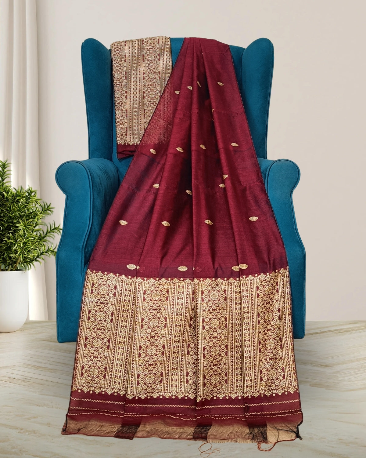 Staple cotton mekhela sador -Maroon