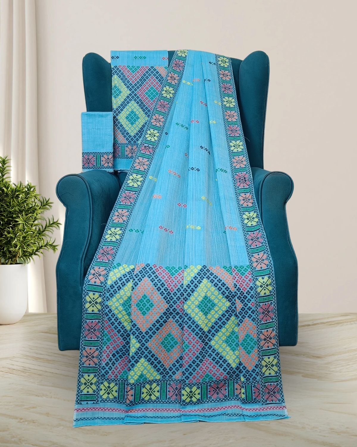 Sky blue padmini cotton Mising mekhela sador