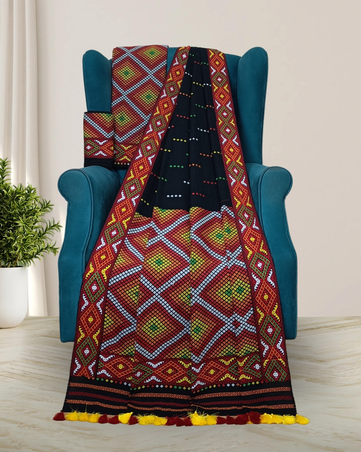 Black padmini cotton Mising mekhela sador- DMC motifs