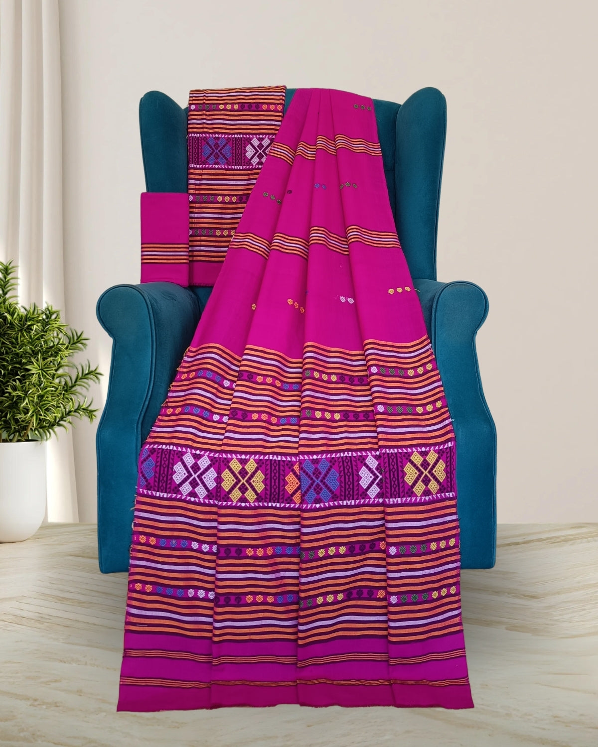 Ribi design Mising mekhela sador - Rani pink