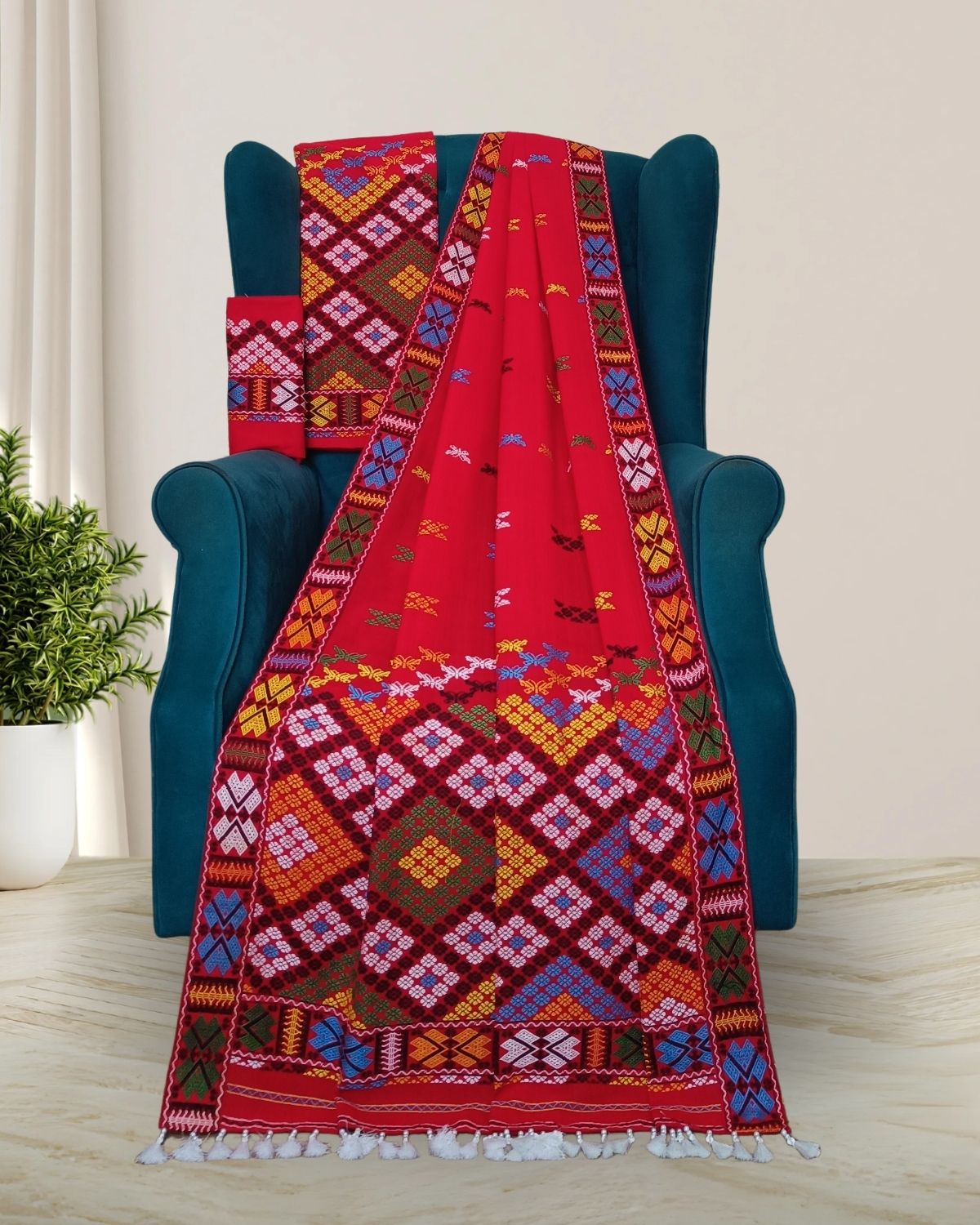 Red padmini cotton Mising mekhela sador- DMC motifs