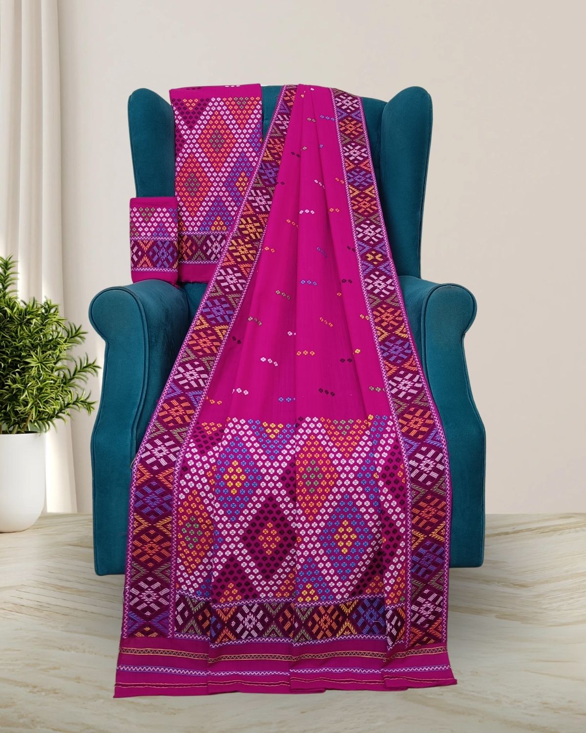 Rani pink padmini cotton Mising mekhela sador-DMC motifs
