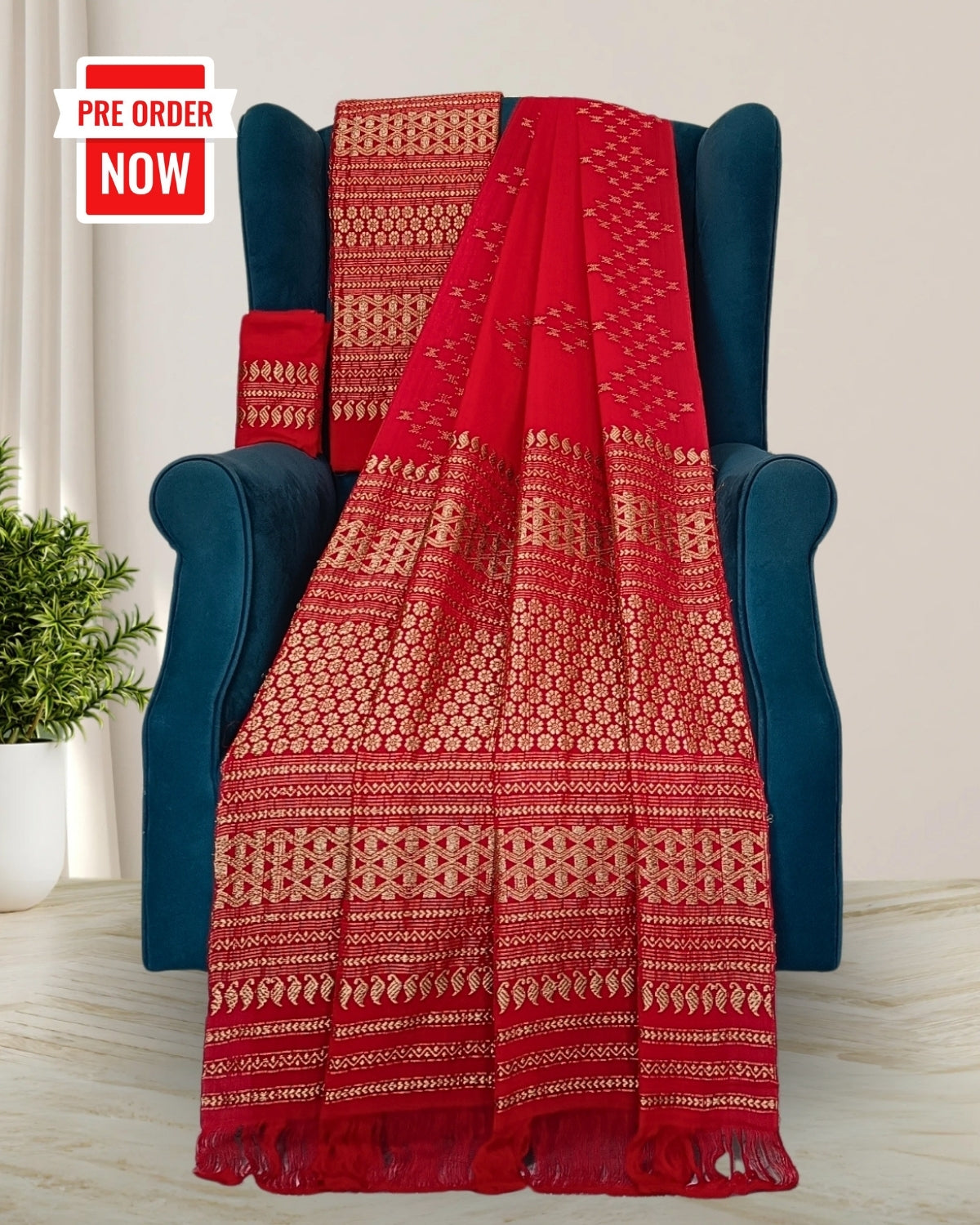 Red padmini cotton mekhela sador with designer motifs