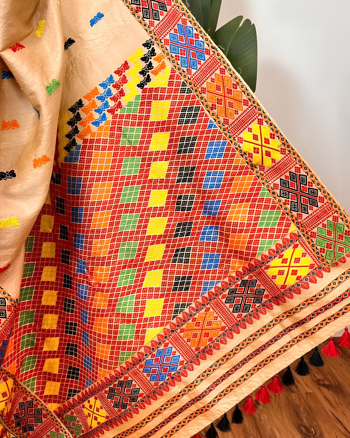 Pure Mising Tussar silk mekhela sador- DMC motifs