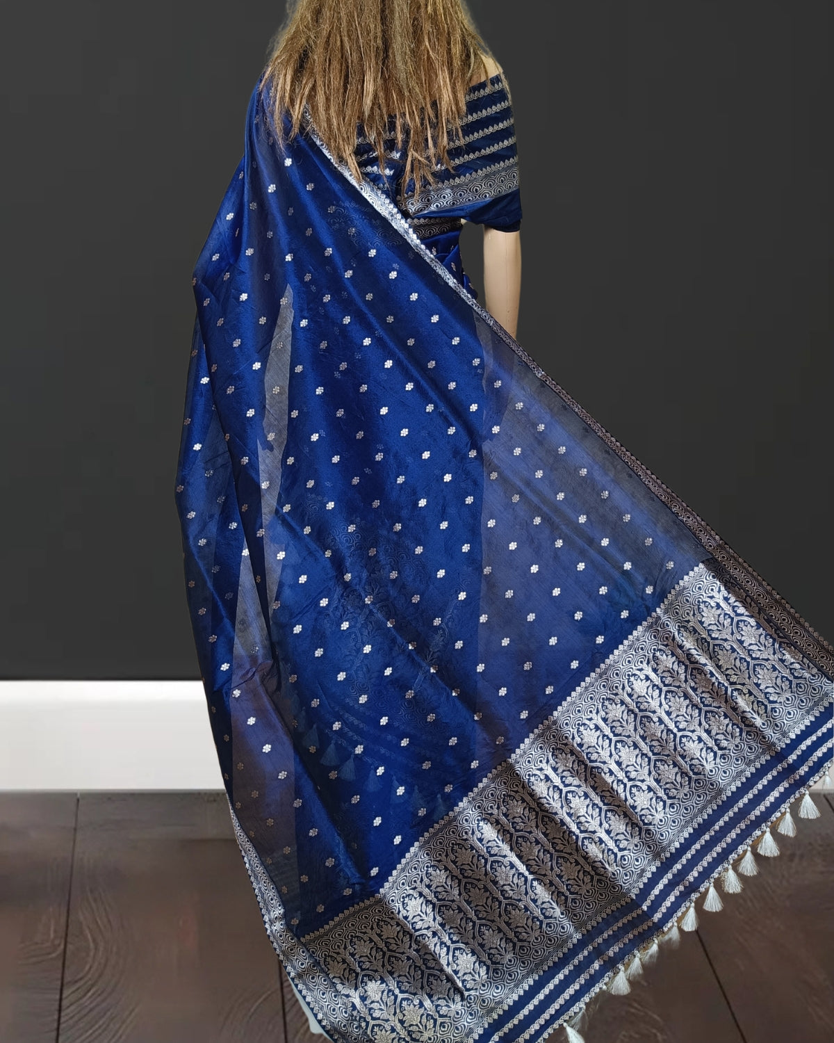 Raw mulberry silk mekhela sador - Midnight Blue