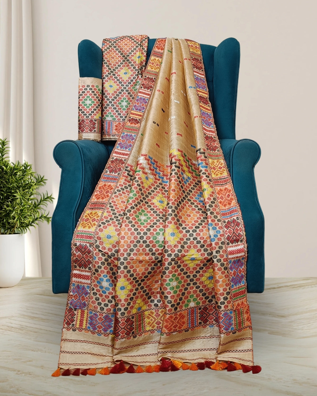 Pure Mising Tussar silk mekhela sador- DMC motifs