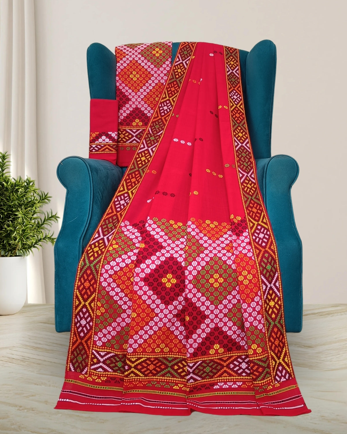 Red padmini cotton Mising mekhela sador - DMC motifs