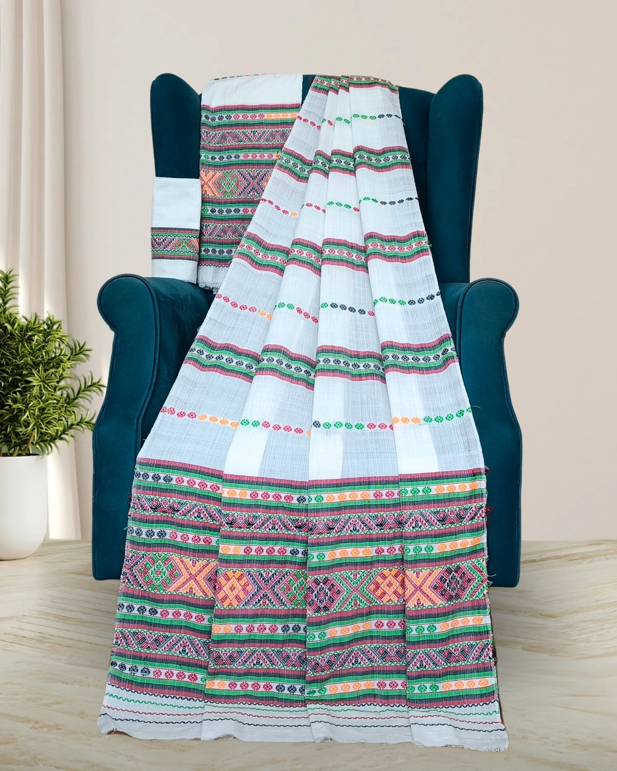 Ribi design Mising mekhela sador - Pure white 