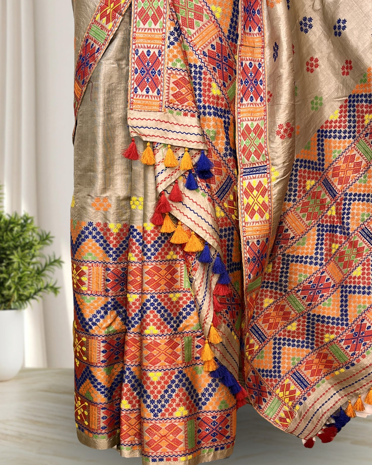 Pure Mising Tussar silk mekhela sador- DMC motifs