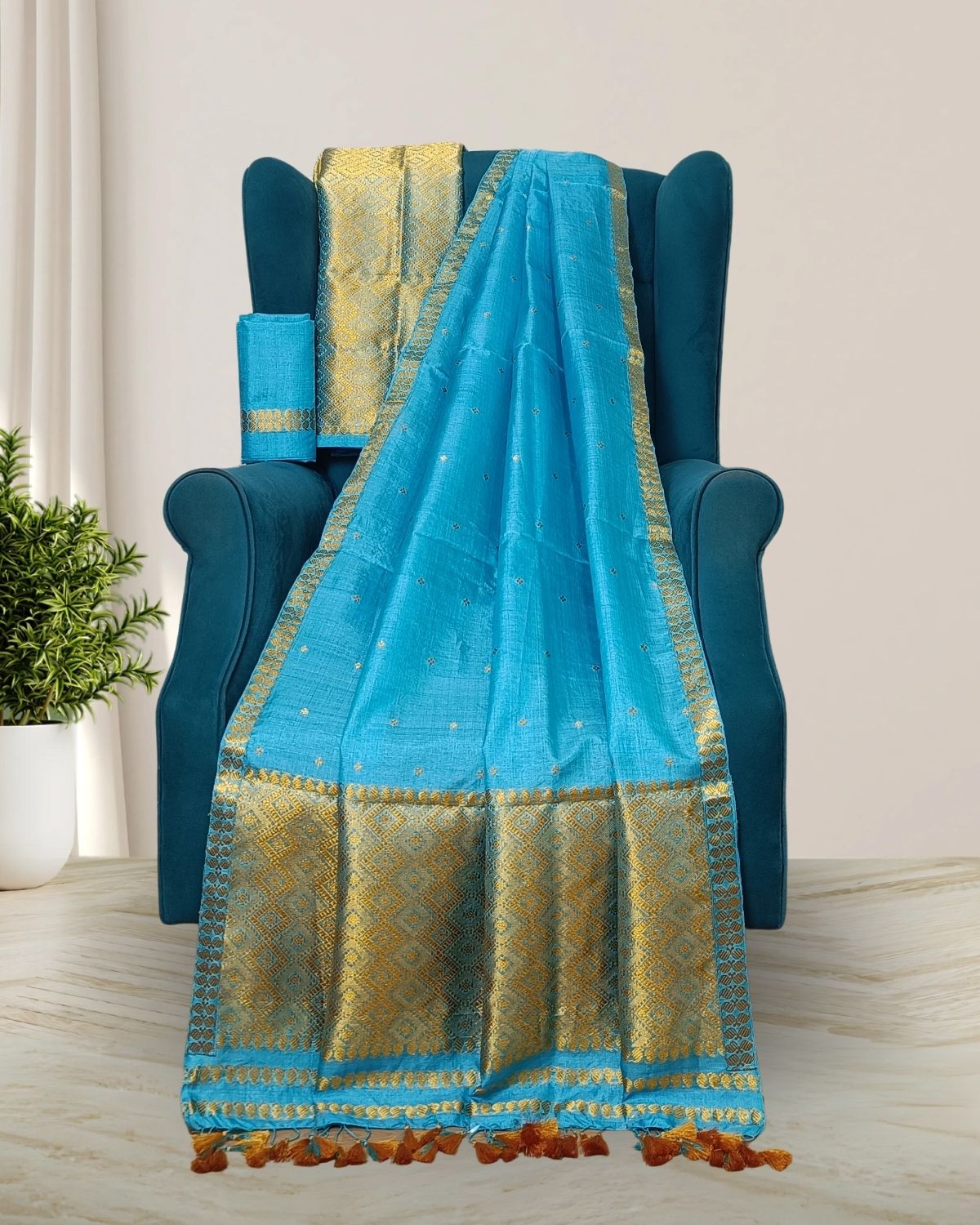 Dyed tussar silk mekhela sador