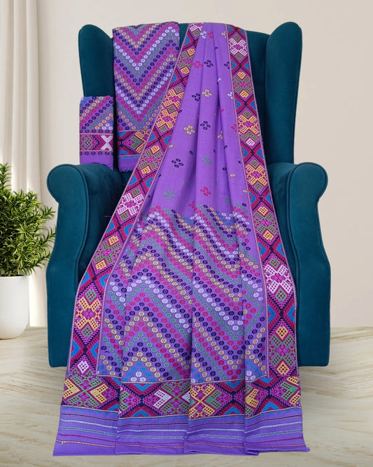 Purple padmini cotton Mising mekhela sador - DMC motifs
