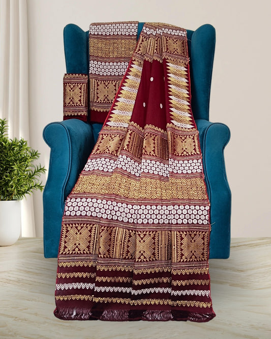 Maroon gero padmini cotton mekhela sador with designer motifs