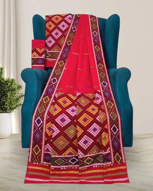 Red padmini cotton Mising mekhela sador- DMC motifs