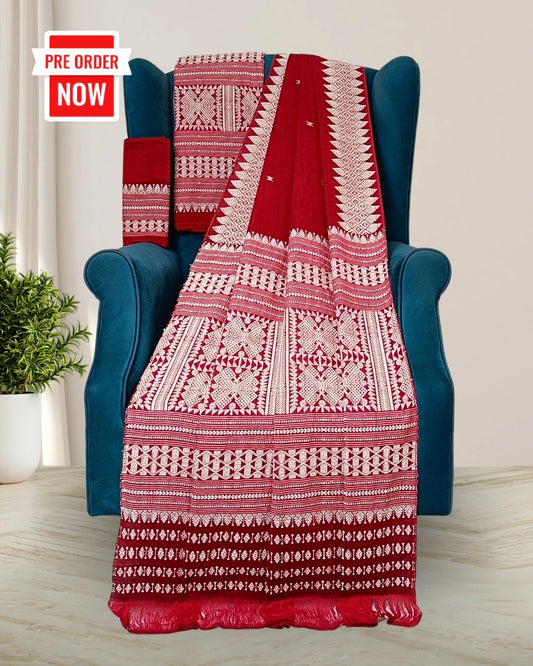 Red padmini cotton mekhela sador with designer motifs