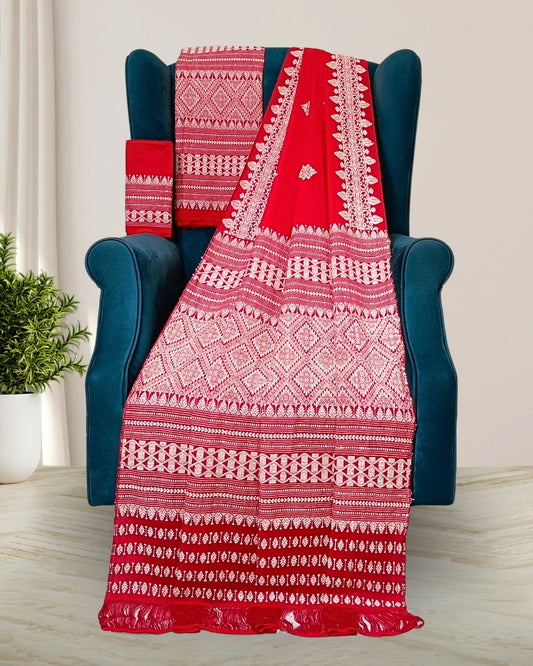 Red padmini cotton mekhela sador with designer motifs