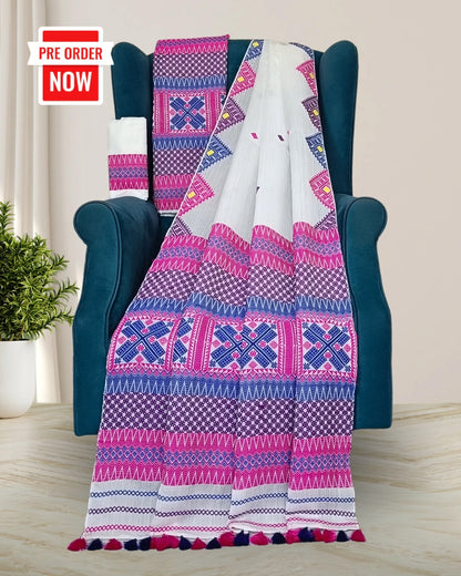 White semi nuni mekhela sador with designer motifs