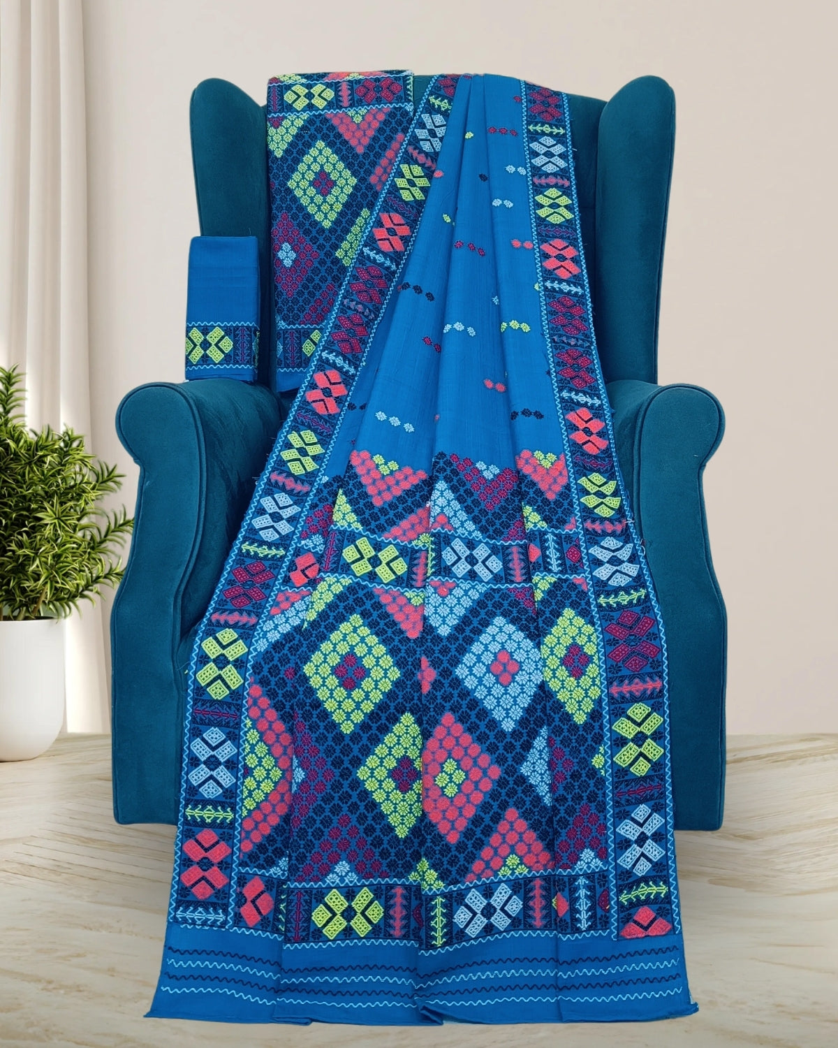 Sky blue padmini cotton Mising mekhela sador