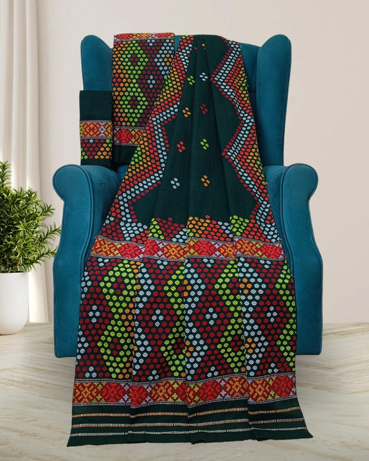 Dark green padmini cotton Mising mekhela sador