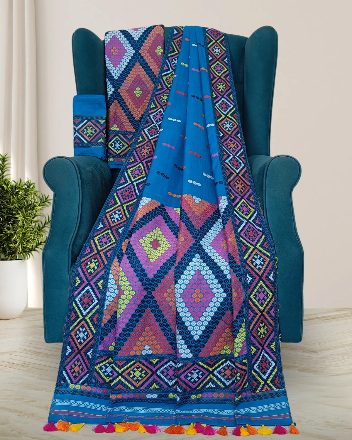 Sky blue padmini cotton Mising mekhela sador - DMC motifs