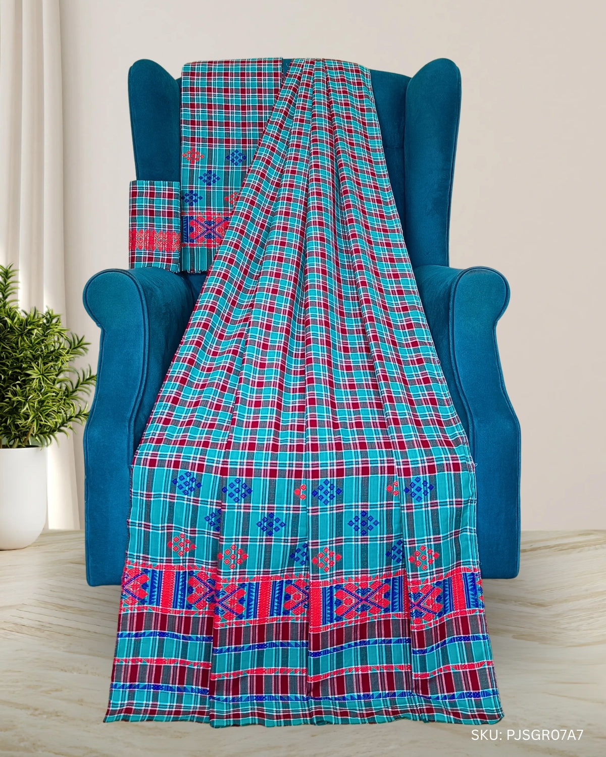 Pajok design Mising mekhela sador - Sea green