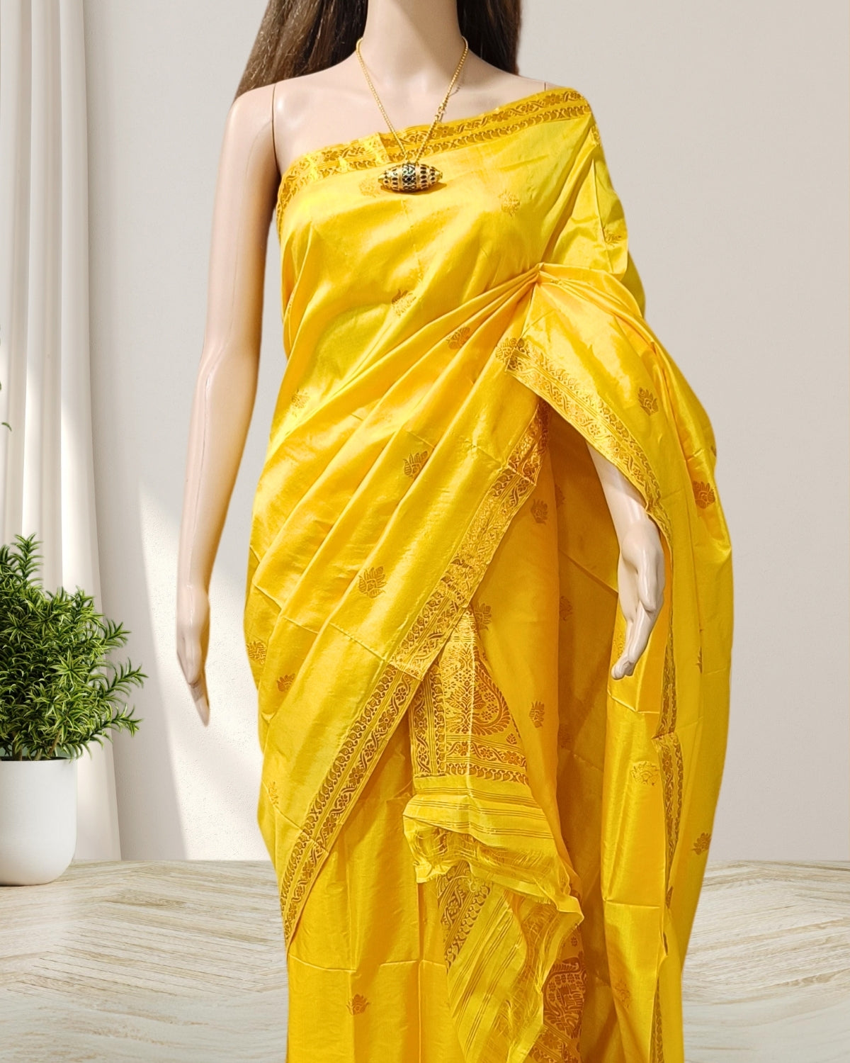 Golden yellow pure Mulberry silk mekhela sador